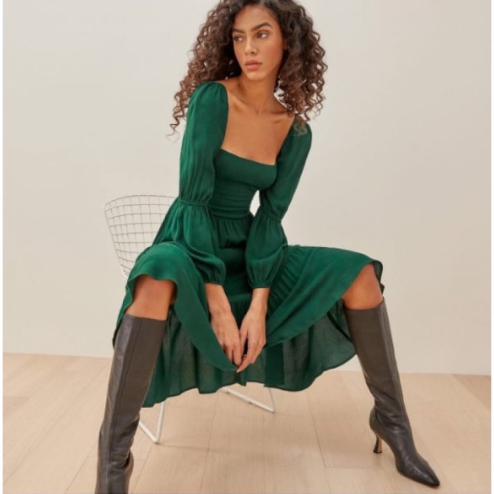 Reformation Mica Puff Emerald Green Long Sleeve Dress